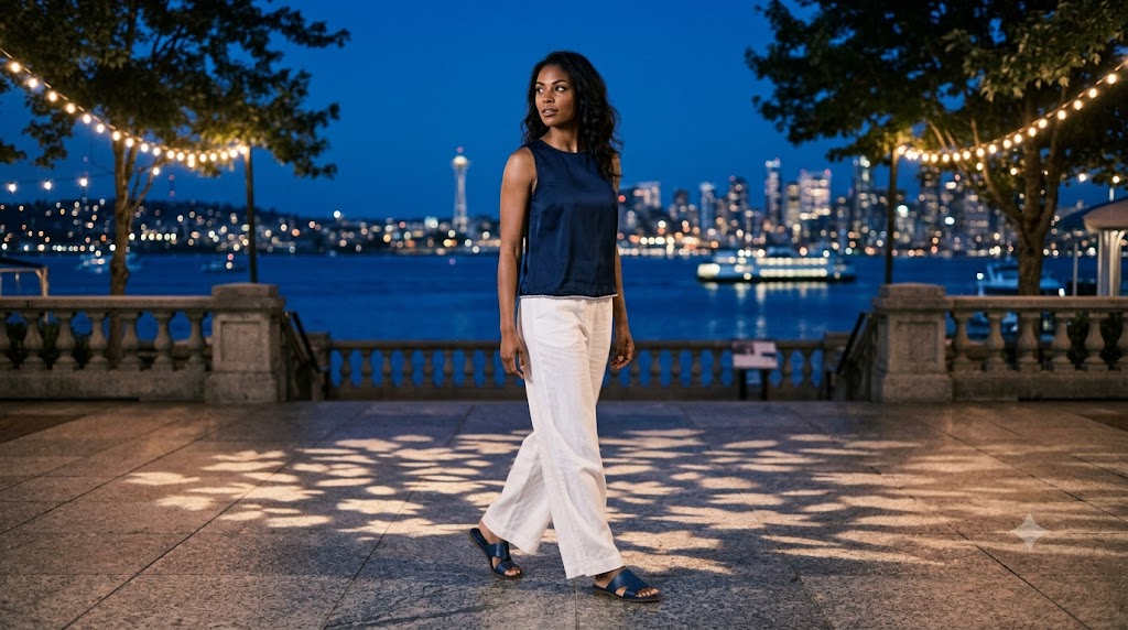 Navy Silk Top with Rhinestone Trim & White Linen Pants